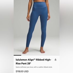 NWT Lululemon Align Ribbed Leggings 28” Pitch Blue Size 4